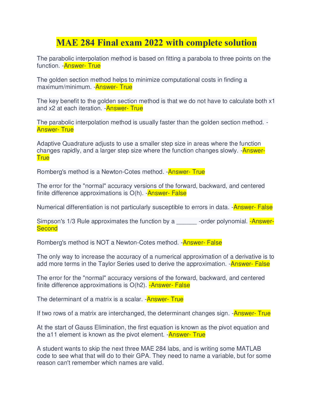 Preview image for MAE 284 Final exam 2022 with complete solution